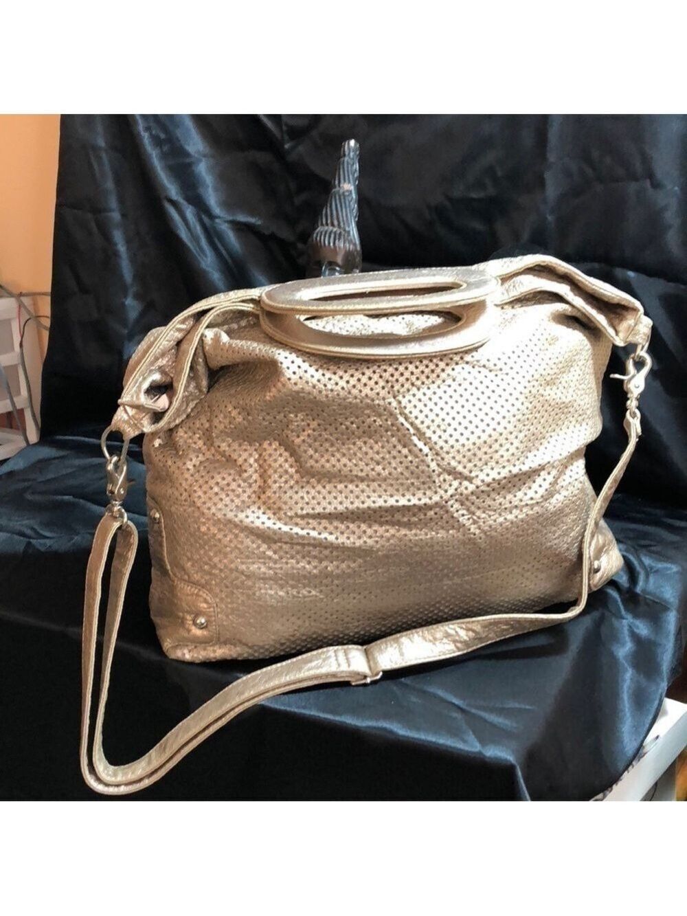 LARGE used bag in silverish gold basket handles.
